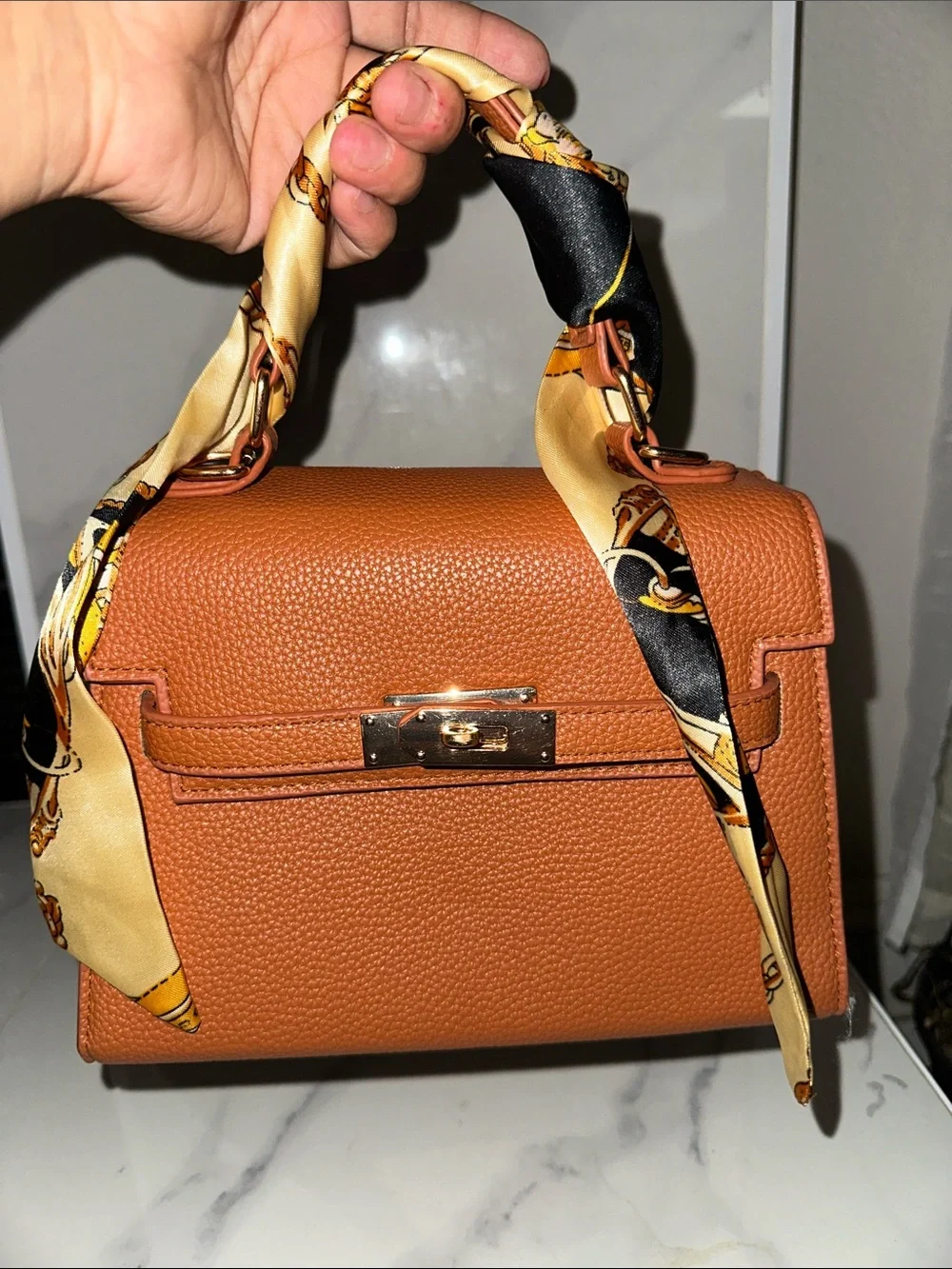 Classic Tan Top-Handle Women's Bag with Silk Scarf Accent